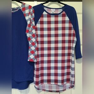 Bundle Lot of 2 Red White Blue Plaid Patriotic Raglan Top LuLaRoe Randy Size XL
